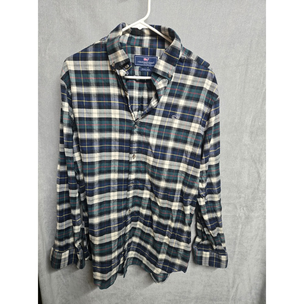 Vineyard Vines Whale Shirt Mens L Blue Green Plaid‎ Cotton Stretch Button Down